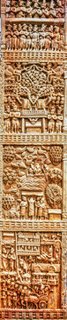 Multi-register Narrative Relief Panel on the Sanchi Torana depicting sacred Bodhi Tree worship, devotees, processions, architectural scenes, and everyday life from early Buddhist tradition, Sanchi