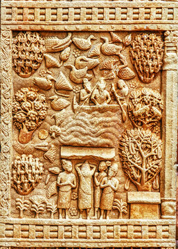 Sacred River Crossing and Nature Motifs Carved on Ancient Sanchi Stupa Relief Panel, India