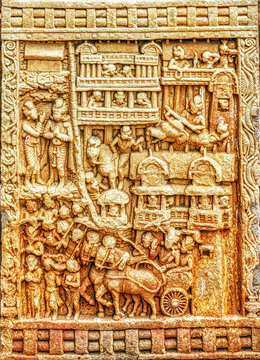 Ancient Urban Procession and Architectural Scene Carved on Sanchi Stupa Gateway Relief, India