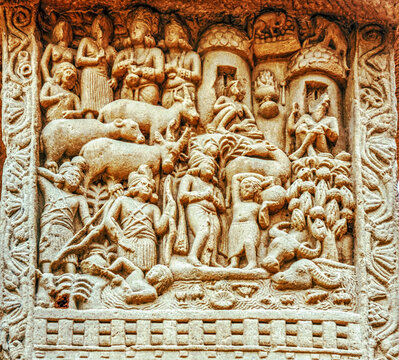 Buddhist narrative relief depicting a pastoral village scene with cattle, herdsmen, ascetics, river creatures, and rustic dwellings, from the Great Stupa Torana at Sanchi, Sanchi Stupa Complex, India