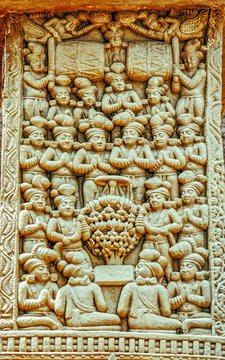 Devotees Worshipping the Sacred Tree on Ancient Sanchi Stupa Relief Panel, Madhya Pradesh, India