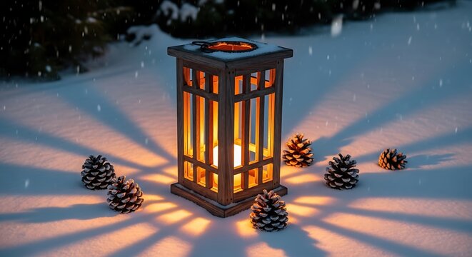 Lit wooden candle lantern surrounded by pine cones in fresh snow during winter evening with pinecone