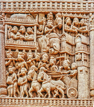 Ancient Procession and Elephant Relief Carving on Sanchi Stupa Gateway, Madhya Pradesh, India