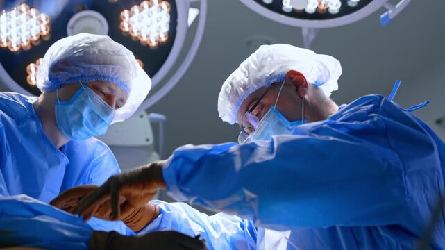 Focused doctors perform operation on the patient's heel. Cooperating surgeons in the modern surgery room.