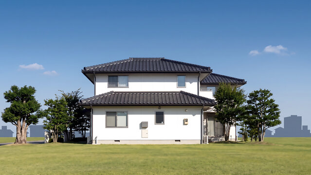 黒瓦の寄棟屋根の和風住宅を青空の下横から捉えた外観