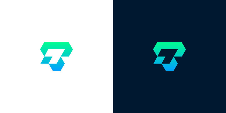 Modern Geometric Letter T Monogram Logo Design Featuring Abstract Digital Pixel Elements in Gradient Blue and Green Colors