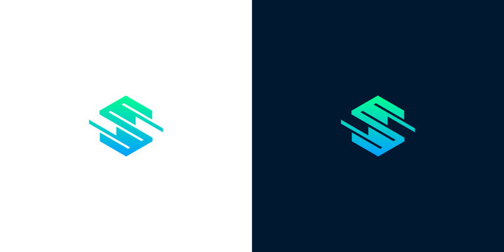 Modern geometric letter S logo icon with green and blue gradient lines for technology brands on white and dark background