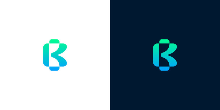 Modern letter B logo design template with vibrant cyan and blue gradient elements on light and dark backgrounds