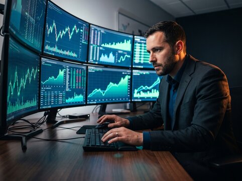 Professional financial trader analyzing stock market charts on multiple computer monitors in a modern dark office setting