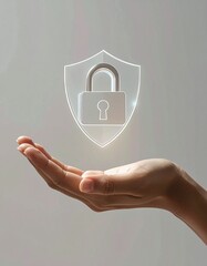 Fototapeta premium An open human hand gently holds a glowing shield with a padlock icon, evoking feelings of trust, confidence, and peace of mind for cyber security and digital data privacy concepts.
