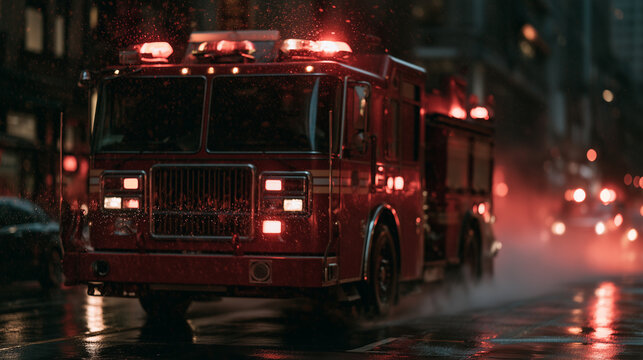 firetruck racing down a wet street at night with sirens and emergency lights firetruck, emergency vehicle, night drive, city lights, wet road, rain reflection, rescue rush, emergen