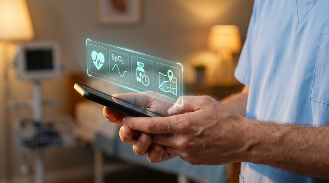 Digital healthcare app interface on smartphone, nurse using futuristic medical technology, telemedicine and patient monitoring software