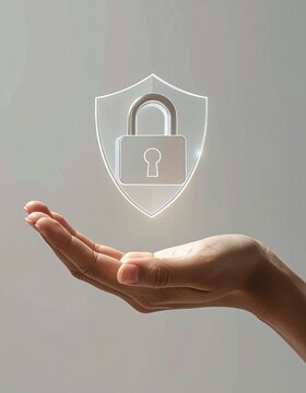 An open human hand gently holds a glowing shield with a padlock icon, evoking feelings of trust, confidence, and peace of mind for cyber security and digital data privacy concepts.