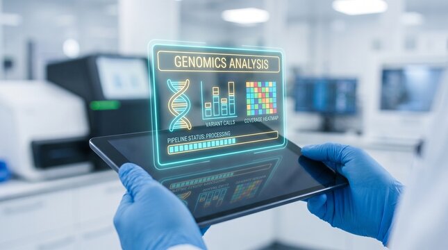 Genomics analysis on digital tablet, scientist holding holographic DNA data interface in laboratory, futuristic biotech research