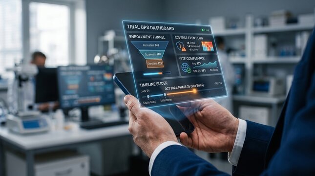 Futuristic trial ops dashboard on holographic tablet, medical researcher analyzing clinical data in laboratory, digital healthcare interface