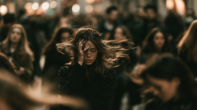 A distressed woman having a panic disorder in a bustling city, overwhelmed by fear and mental health struggles, feeling isolated despite being surrounded by people walking by