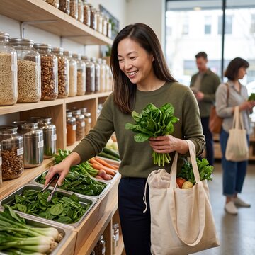 Young Asian woman packing fresh organic greens into reusable grocery bag at zero-waste store