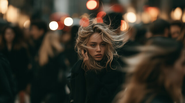 A distressed woman having a panic disorder in a bustling city, overwhelmed by fear and mental health struggles, feeling isolated despite being surrounded by people walking by