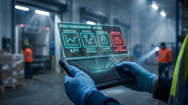 Cold chain monitor digital interface on tablet, smart logistics management in warehouse, futuristic supply chain tracking technology