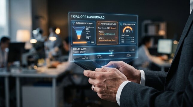 Futuristic trial ops dashboard on holographic tablet, businessman analyzing digital data interface, corporate tech innovation