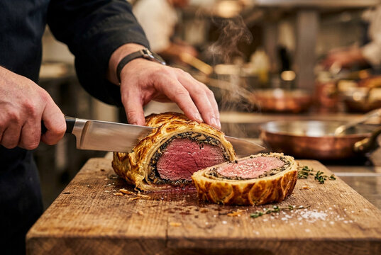 Chef hands slicing perfectly baked hot Beef Wellington with steam on wooden board in professional kitchen