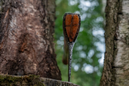 Wood wedge axe assembly closeup with steel head and cross wooden wedge texture view.
