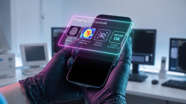 Futuristic medical imaging console on smartphone, digital healthcare interface in lab, doctor using holographic diagnostic app