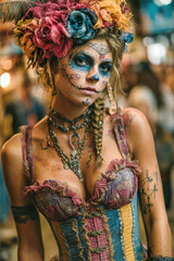 Fototapeta premium Woman with blue catrina skull face paint wearing floral crown and vintage corset costume with layered necklaces. Mexican carnival Dia de los Muertos or Day of the Dead Catrina.