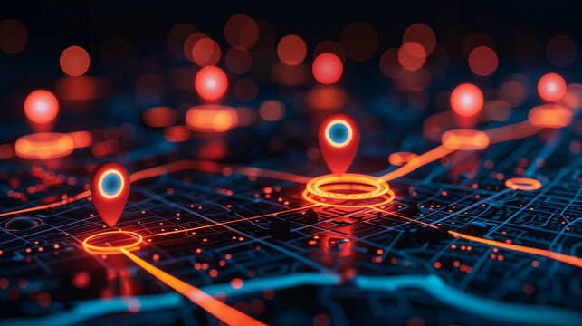 Map with glowing location pins and SEO icons representing local search optimization for businesses. local SEO, Google Business Profile, map search, SEO location, local marketing