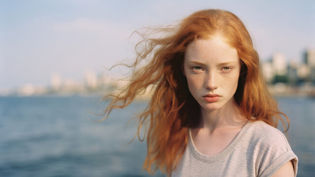 A teenager with freckles and windblown red hair stares intensely. She stands outdoors near blue water with a blurry cityscape behind her, conveying a serious expression.