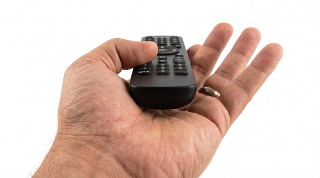 Close-up of a hand holding a remote control. The remote is black with various buttons and is positioned in the palm of the hand, with a finger pressing a button