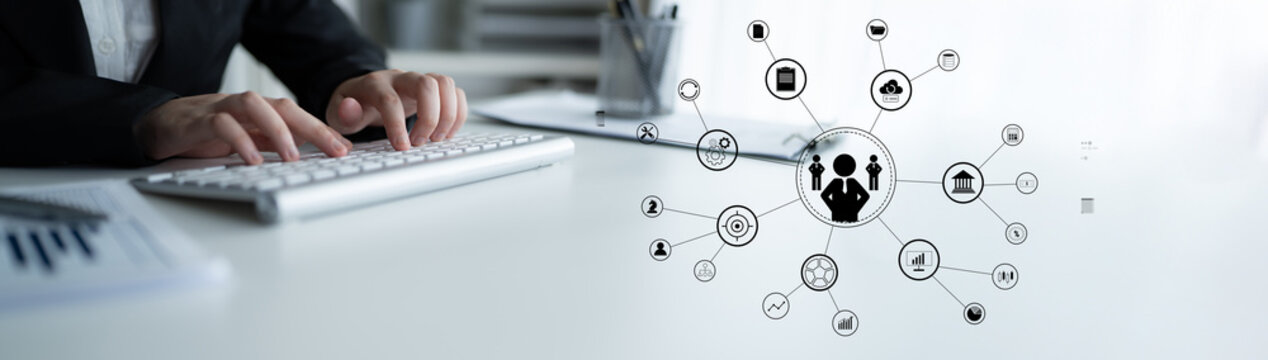 A concept of centralized business management and corporate strategy. A leadership team connecting to all functions like finance, operations, and planning. Motif