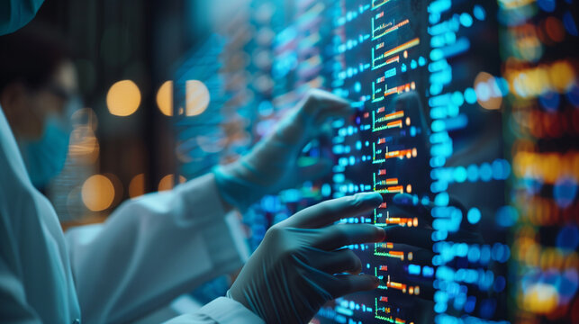 DNA sequencing laboratory with scientist handling sample, genetic research, biotechnology, genomic data analysis, medical diagnostics, precision medicine, bioinformatics screen