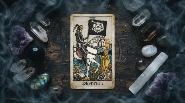 Tarot Card Death Surrounded by Crystals and Smoke Effects