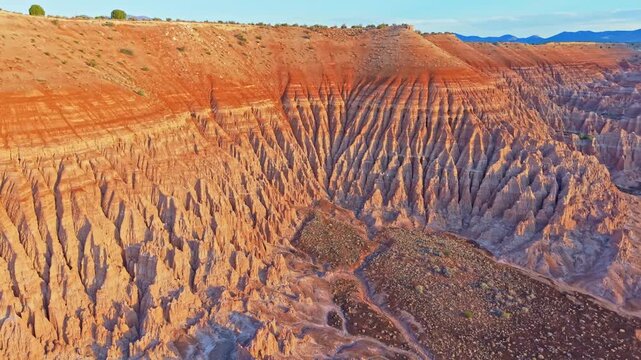 Aerial view of clay spires, pinnacles and fluted columns glowing at sunrise in Cathedral Gorge State Park, Nevada