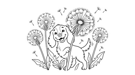 Fototapeta premium Two playful cartoon dogs surrounded by blooming daisies in black and white line art illustration