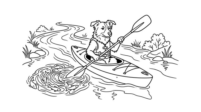 Dog paddling kayak down scenic river with wildflowers and gentle rapids in summer illustration