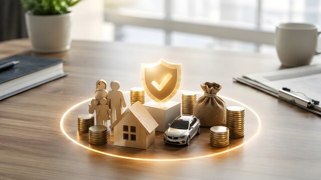 Wooden family house car and money bag inside a glowing protective circle with gold shield representing life and property insurance coverage
