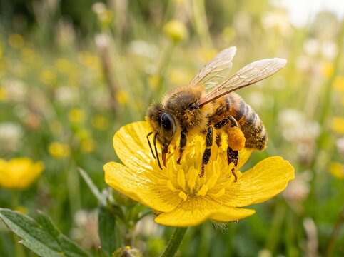 Honey bee collecting nectar and pollen on a vibrant yellow buttercup flower in a meadow
