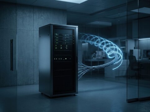 Modern data center with DNA helix visualization and server racks