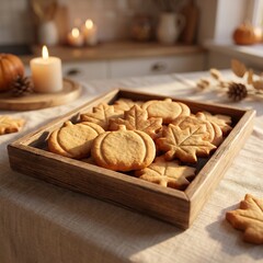Fototapeta premium A wooden tray filled with delicious homemade pumpkin and leaf shaped sugar cookies sitting on a cozy autumn kitchen table