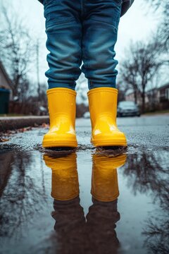 A child wearing yellow rain boots stands in a puddle on a wet street, with reflections of trees and a car visible. AI.