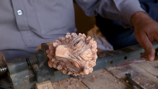 Craftsman shaping the back of a wooden wolf sculpture with hand tools in a traditional carving workshop