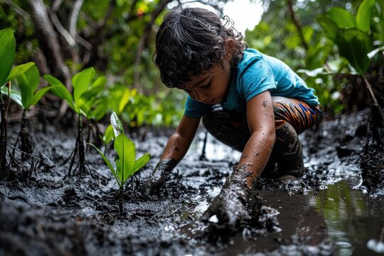 A child in a blue shirt plants a small green seedling in muddy soil amidst lush green foliage. AI.