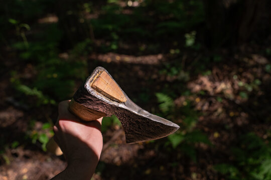 Traditional carpentry axe hand tool with forged steel head and wooden handle closeup view.
