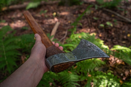 Traditional forged carpentry axe hand tool with birch wood handle in forest view.
