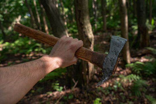 Handmade forged steel axe on ancient wooden log in forest close up.
