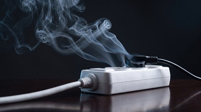 A white power strip emits smoke from an overloaded socket. This represents a critical electrical malfunction and potential fire hazard requiring immediate attention.