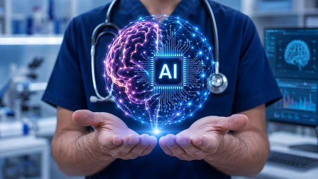 Neural network mapping concept with a doctor holding a glowing spherical artificial intelligence brain composed of digital circuits and data nodes.