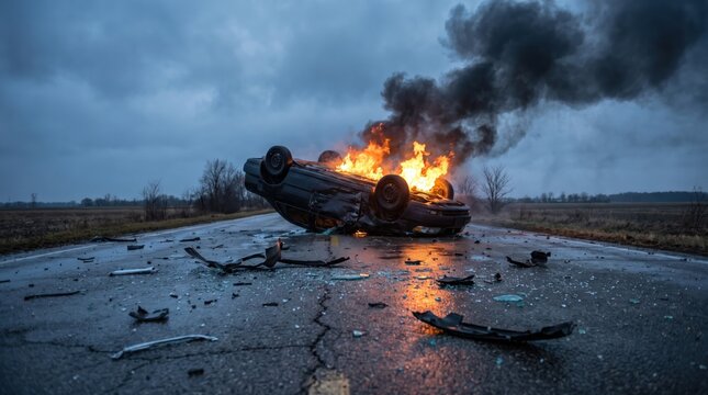 An overturned car burns intensely on a wet rural road after a severe accident. Scattered debris highlights critical road safety failures and catastrophic vehicular damage.